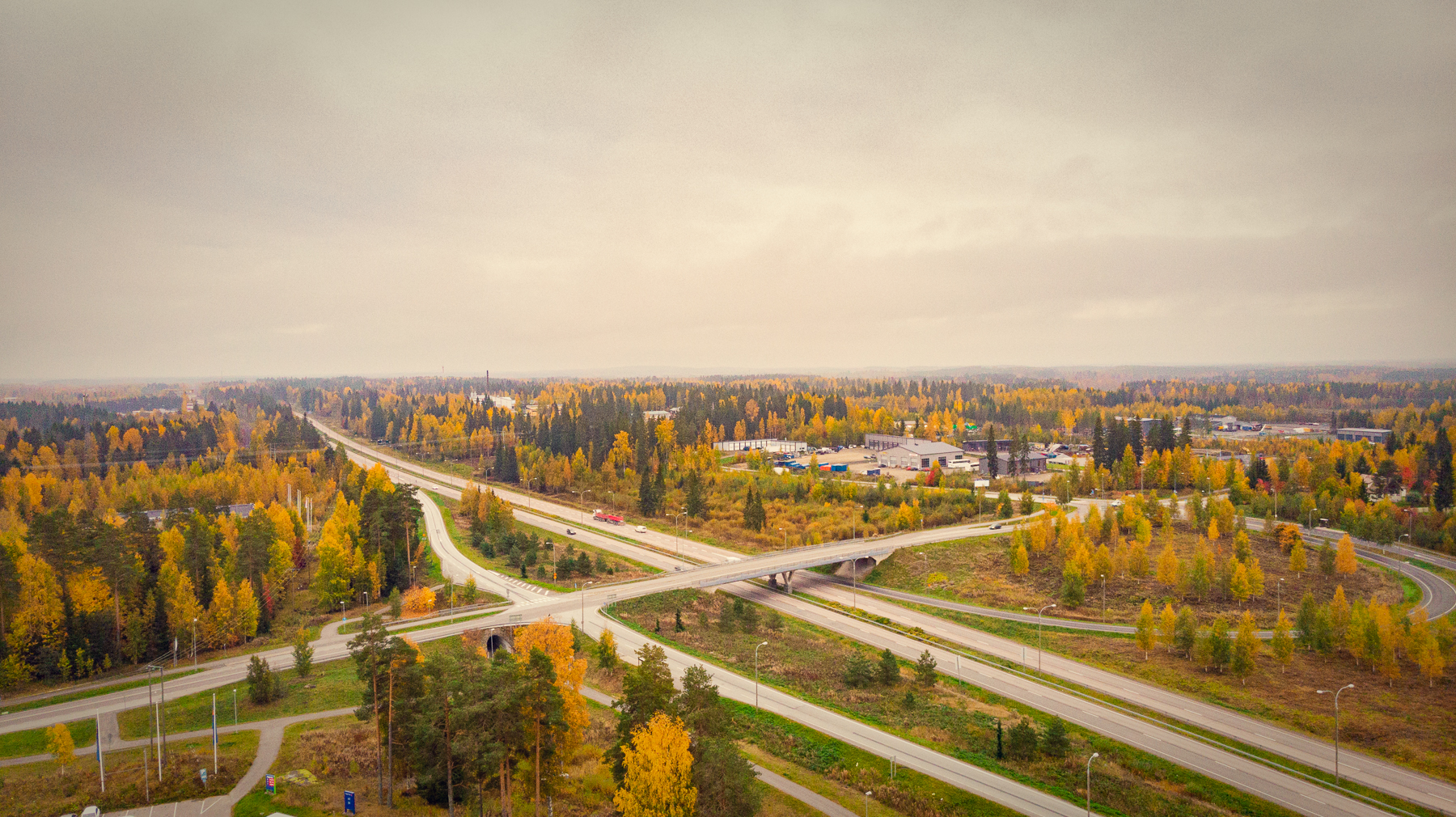 Aerial view of the main road network and forests around Varkaus